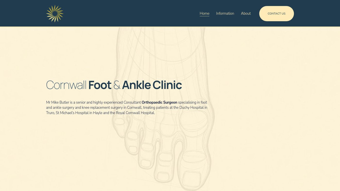 Website design in Cornwall by Lee Searle: homepage of the Cornwall Foot & Ankle Clinic, a Truro orthopaedic surgeon's website