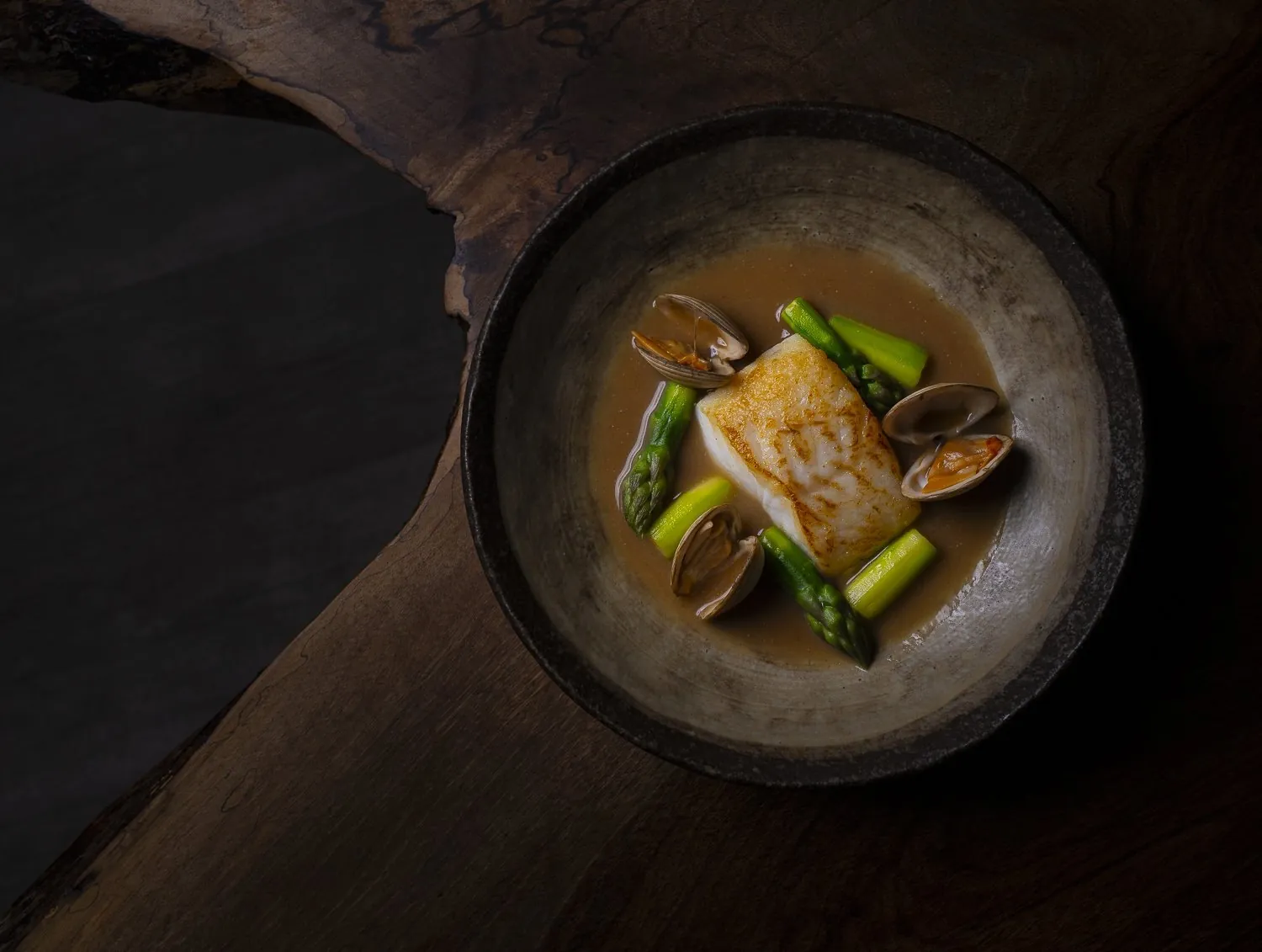 Cod and clams in broth with asparagus, food photography for The Shore in Penzance